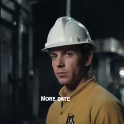 a man wearing a hardhat that reads more date