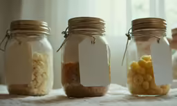 jars with candy and macaroni are shown in front of a window