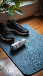 two sneakers are on a yoga mat and one is white and black