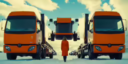 a person standing in front of two orange trucks
