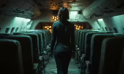 a woman walking out the back of an airplane