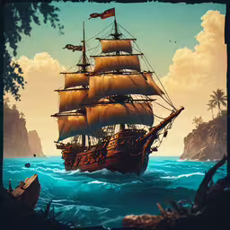 an artistically painted picture of a ship in the ocean,this is a ship that looks like a pirate in the ocean