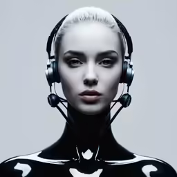 a woman wearing headphones wearing a black dress