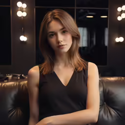 a young woman is sitting in a black chair