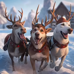 three happy sleigh dogs wearing hats and reindeer horns