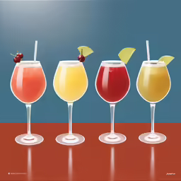 a painting of different types of alcohol lined up in various glasses