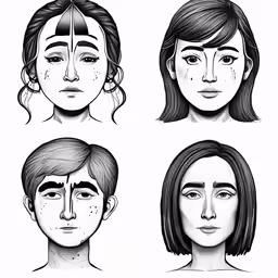 a drawing of four women with different facial expressions