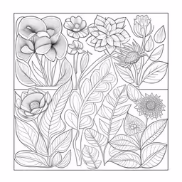 the floral line drawing has two squares with flowers,coloring pages with flowers and leaves on them