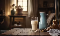 there is a vase of milk next to it