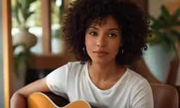 a woman sitting on top of a chair next to a wooden table