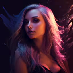 a painting of a young woman with long, wavy hair,a woman wearing an angel wings top is shown in a 3d rendering