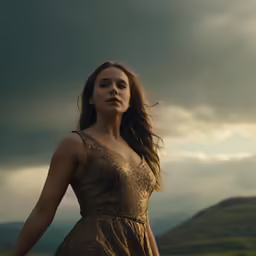 the girl is walking on a cloudy day