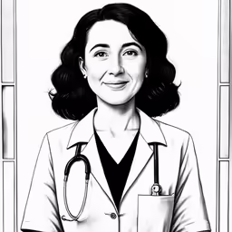 a black and white photo of a woman in a lab coat