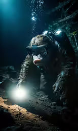 a guy wearing a mask, gloves and a diving light under the water