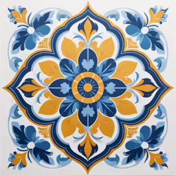 an artistic, hand painted tile with blue and orange flowers on it