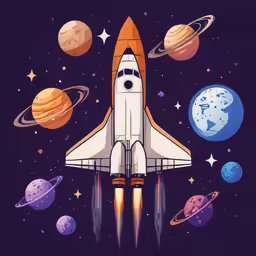 a painting of a space shuttle launching in the middle of planets