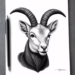 the front view of a drawing of an antelope with horns