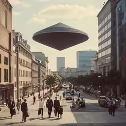 people are walking down the street in front of the huge object