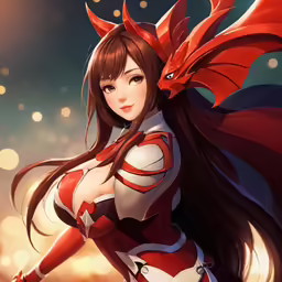 a cartoon character is dressed in red and white with a red dragon wings
