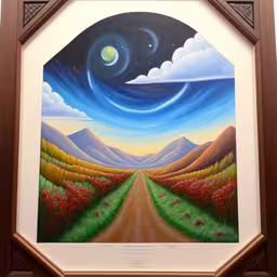 a painting that is on display in a wooden frame,a painting is hanging on a wall in a frame,a painting of a mountain and road is featured in a dark brown frame,a picture of a road that is painted inside a wooden frame,a painting in a frame of a scenic scene