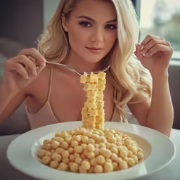 a woman is sitting at a table holding up a fork to eat food