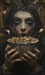 a painting of a girl with food in her hands