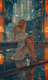 a beautiful blond sitting on a ledge in the city