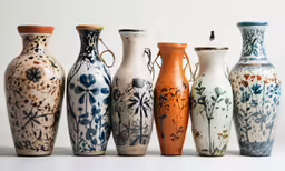 six vases are lined up in an arrangement