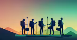 a group of people stand at a mountaintop,a group of people with backpacks are standing