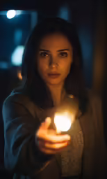 a woman holding a small lit candle with both hands