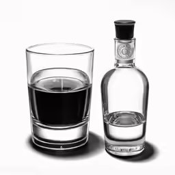a bottle of whiskey sitting next to a glass of wine