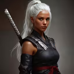 a close up of a woman wearing leather with a sword