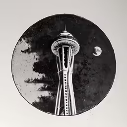 space needle photo with moon in the sky