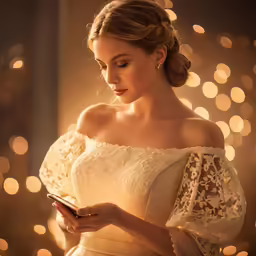 the woman in the wedding dress is looking at her phone