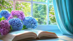 an open book and blue flowers beside the window,an open book and some blue flowers by a window