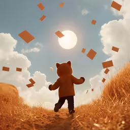 a child walking through a field under a big sun