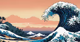 a very big wave near many trees and mountains,a big painting of some ocean waves
