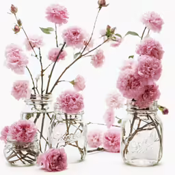 a bunch of flowers are placed in mason jars