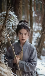 a girl in an image with snow and trees in the background