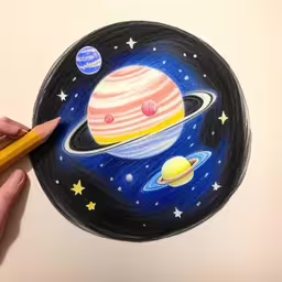 drawing planets with colored pencils on white paper,a drawing of a small planet with a small star,a drawing of saturn and the stars,someone is drawing a picture with a marker,the picture of saturn has been drawn in a circle