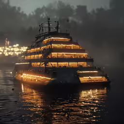 there is a large yacht that has lights on its side