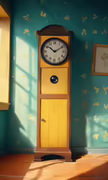 a small wooden grandfather clock sitting in front of a window