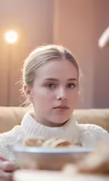 a beautiful woman sitting on a couch next to a plate