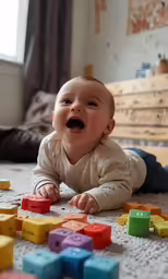 a laughing baby lying on the ground and playing with wooden toy blocks
