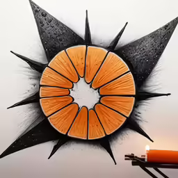 a orange umbrella shaped like a sunflower on a white wall