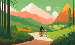a man riding a bike down a forest covered road,a person riding their bike down the road in the woods