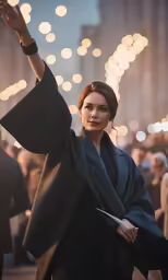 a woman waving and looking back as she walks through the street