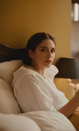a woman sitting in bed reading a book