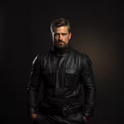 the man is wearing leather clothing,a man wearing black leather standing and looking off to his right