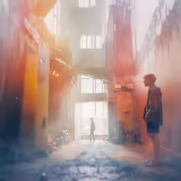 a person looking outside of a tall building
